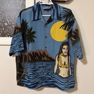 Dragonfly Men Hawaiian  Girl  Short Sleeve Shirt Button Up Size L Blue USA